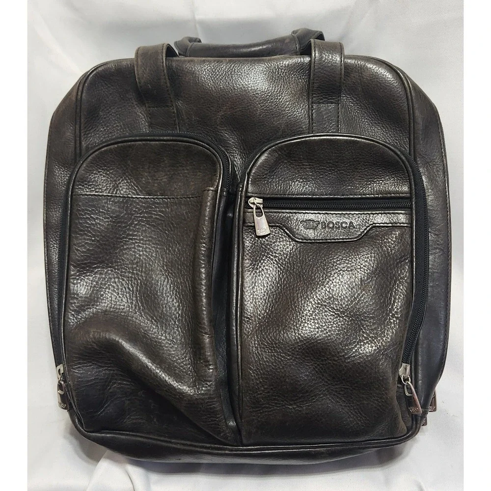 VTG Bosca Mens Dark Brown Pebbled Leather Briefcase Travel Bag Organizer Case